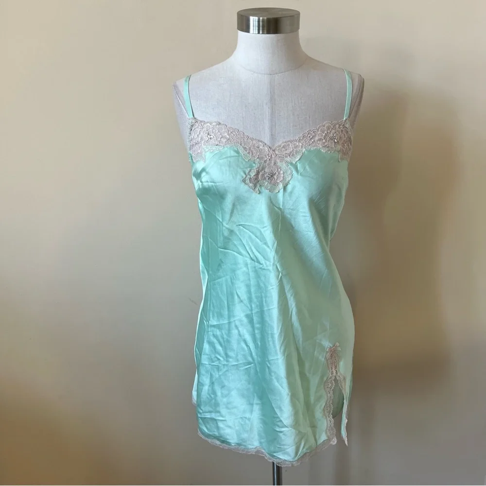 Victoria's Secret Satin Green Lace Slip Dress Chemise 17437